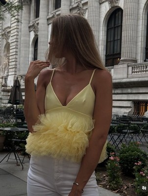 ZARA S,M, WOMAN SS25 STRETCH TULLE TOP WITH VOLUMINOUS HEM YELLOW