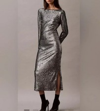 Sequin Midi Dress CALVIN KLEIN XS METALLIC SILVER NWT