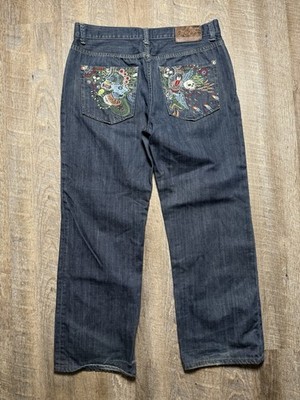 Vintage Y2K Marc Ecko Embroidered Pockets Baggy Wide Leg Jeans Measures 36x30