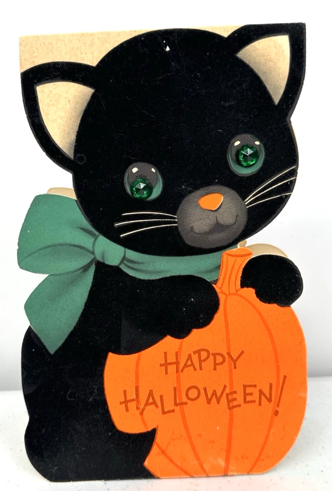 Tarjeta de pie Norcross Happy Halloween flocada tinta negra ojos de gato verde Foto 2 de 4