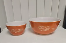 Lot of 2 Vtg Pyrex Orange Autumn Harvest Wheat Nesting Mixing Bowls #401 & #403