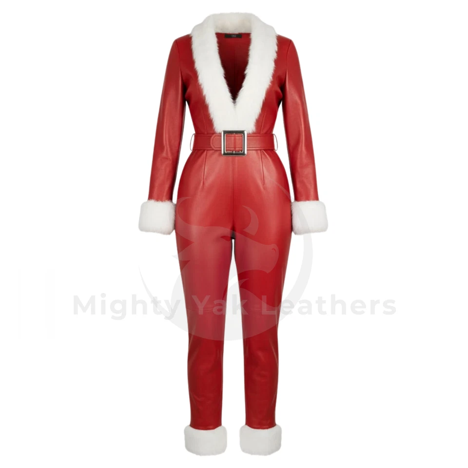 Mujeres Rojo Real Piel de Oveja Piel de Oveja Mono Navidad Cinturón Mameluco Foto 2 de 4
