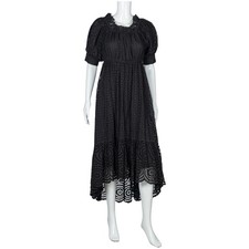 ULLA JOHNSON Black Cotton Short Sleeve Lace Eyelet High-Low Midi Dress Size XS