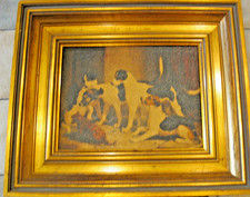 Picture of pack of hounds with strange dog .Gilt frame 12.5 x 15 inches