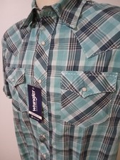 NWT Men's XL Wrangler Western Shirt Pearl Snaps Short Sleeve Blue Plaid Detailed