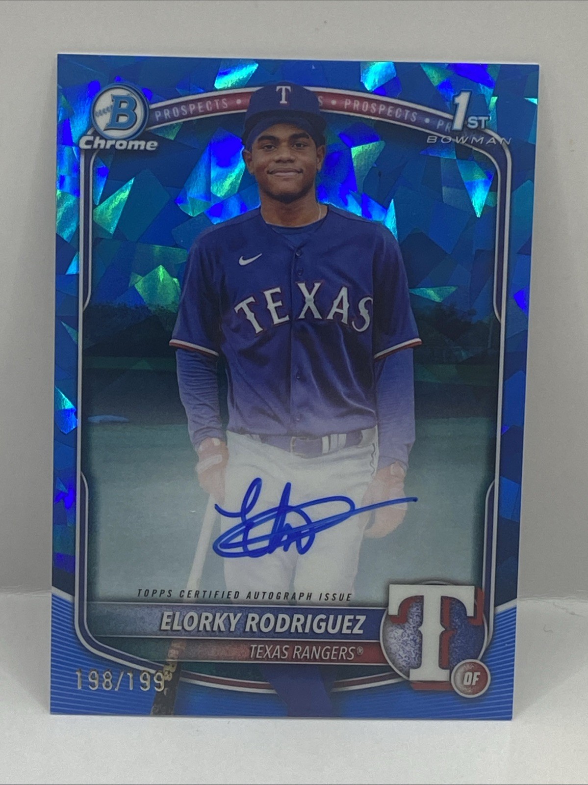 ELORKY RODRIGUEZ 2025 BOWMAN CHROME 1ST SAPPHIRE AUTOGRAPH AUTO #198/199 RANGERS