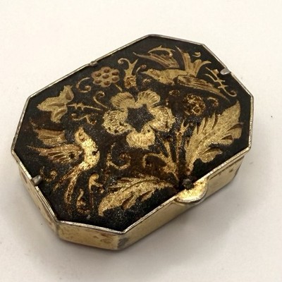 Vintage Damascene Style Bird Floral Pill Box Octagon Trinket Box Japan