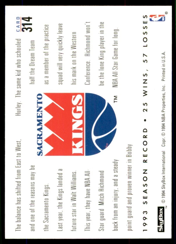 1993-94 SkyBox Basketball Card Bobby Hurley/Mitch Richmond Sacramento Kings #314 - Image 2 of 2