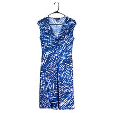 Chaps Ralph Lauren Womens Dress S Blue White V-Neck Stretch Fit Flare Party Y2K