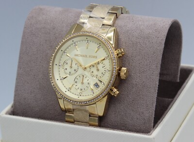 New Authentic MICHAEL KORS Ritz Gold Crystal Chronograph Women's MK6597 Watch
