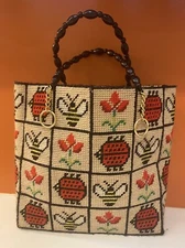 Vintage Granny Core Crochet Purse Handbag Ladybugs Bees Roses Knit 12x12x3”