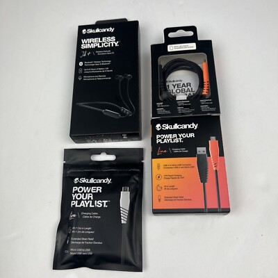 Lot of 4 Skullcandy Power Your Play List Line Charging Cable & 1 wireless earbud