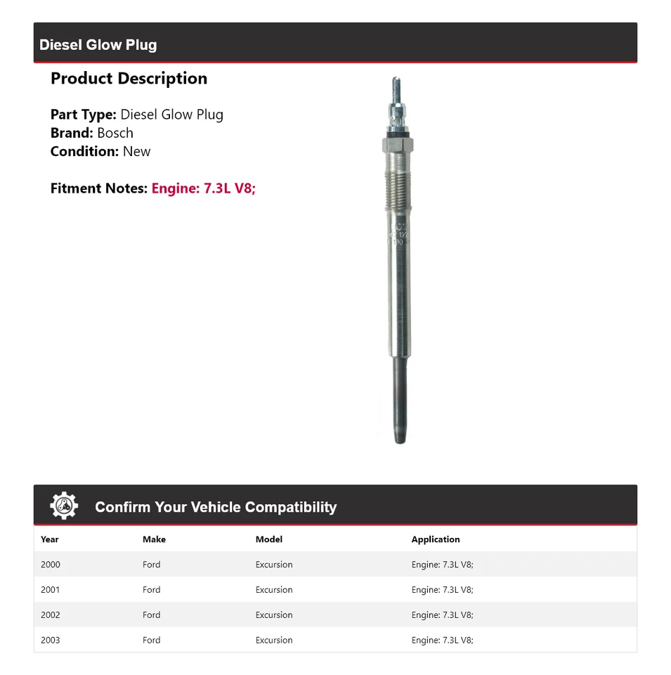 Bujía incandescente diésel Bosch V8 7,3 L Ford Excursion 2000-2003 2001 2002 Foto 2 de 3