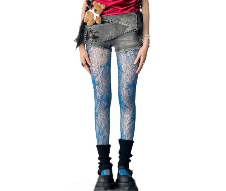 Medias de red de encaje floral azul hueco subcultura Y2k Foto 2 de 4