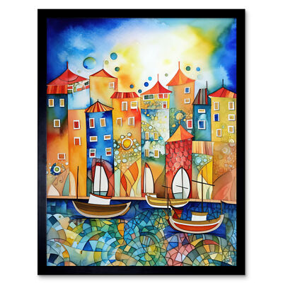 Abstract Sailing Seafront Modern Folk Art Framed Wall Art Picture Print 9X7 In