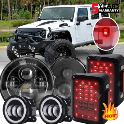 Combo 7'' Round LED Headlights 4'' Fog Lamp Tail Lights For Jeep Wrangler JK 07-18