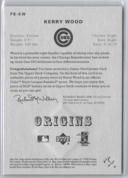 2005 Upper Deck Origins Materials Kerry Wood #PB-KW - Image 2 of 2