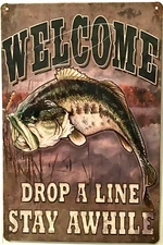 TIN SIGN new 8x12 Welcome fish fishing man cave lake bass camping woods (Br14a)
