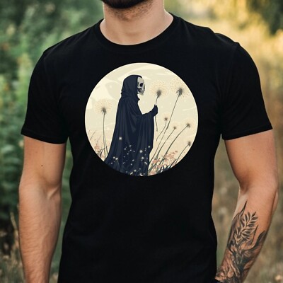Mens Grim Reaper Dandelion Print Cotton T-Shirt Size XS to 5XL