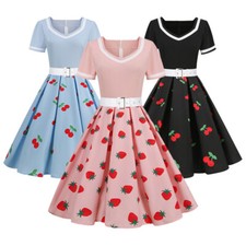 Women's Vintage 50s 60s Cherry Printed Swing Dress Short Sleeves Belted Waist