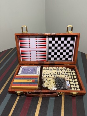 Vintage Backgammon Dominos Schach Cribbage Set Kunstleder Reisekoffer komplett