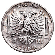 Vittorio Emanuele III (1900-1946) Albania - 5 Lek 1939 Arg. qFdc Patinata