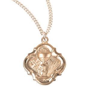 Authentic Gold Plated 925 Sterling Silver Chalice Medal Pendant Necklace, 18" Chain Boxed