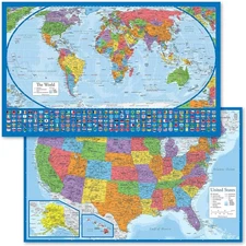 2 Pack - Laminated World Map Poster & USA Map Set - Equal Earth World Map Design