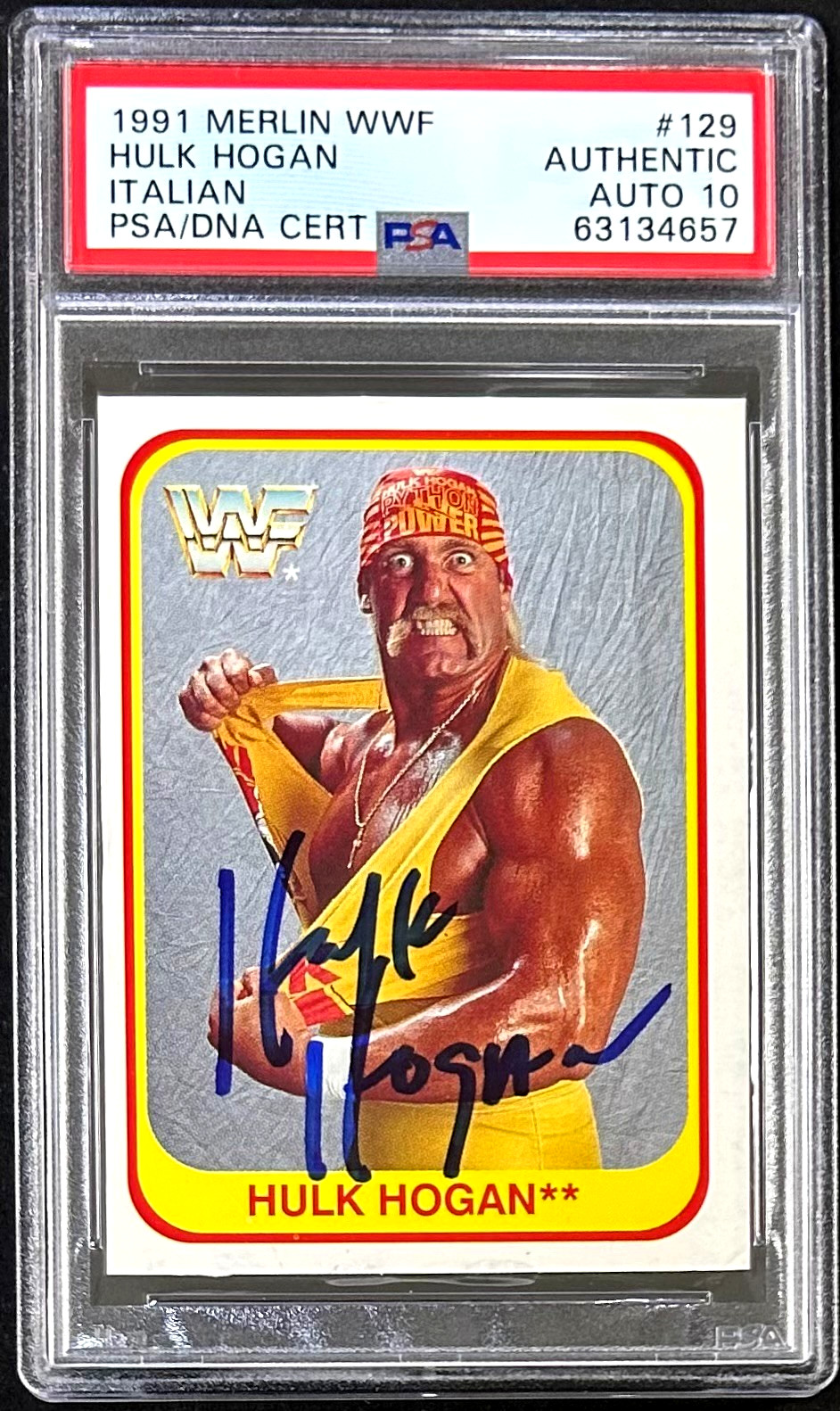 Hulk Hogan Signed 1991 Merlin Italian WWF Card #129 PSA/DNA 63134657 Auto 10