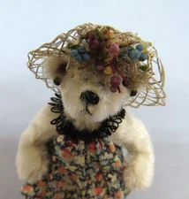 2" Tiny Miniature Artist Bear in Floral Print Dress with Straw Hat