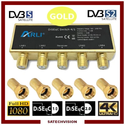 Commutateur DiSEqC 4/1 Gold ARLI + 5 Fiches F 7 mm Gold à visser avec joint - Photo 1/2