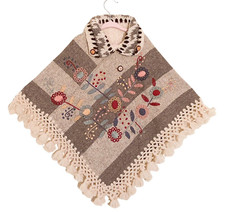 Girls AUTHENTIC Mexico Wool Poncho Embroidered Handmade Tassel Flowers Stripes