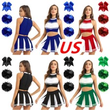 Women Schoolgirl Cheerleading Uniform Crop Top with Pleated Skirt Flower Ball
