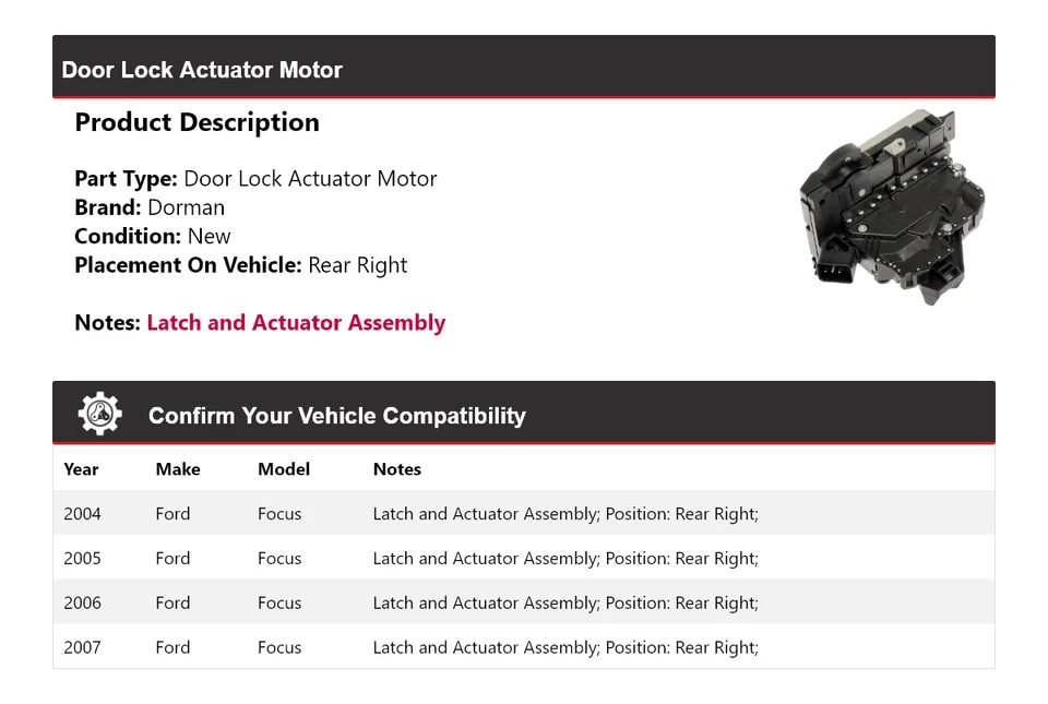 For 2004-2007 Ford Focus Dorman Door Lock Actuator Motor Rear Right 2005 2006 - Image 2 of 4