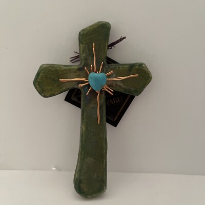 Raku Pottery Cross Signed by Artist Jeremy Diller w. tag Ceramic Folk Art