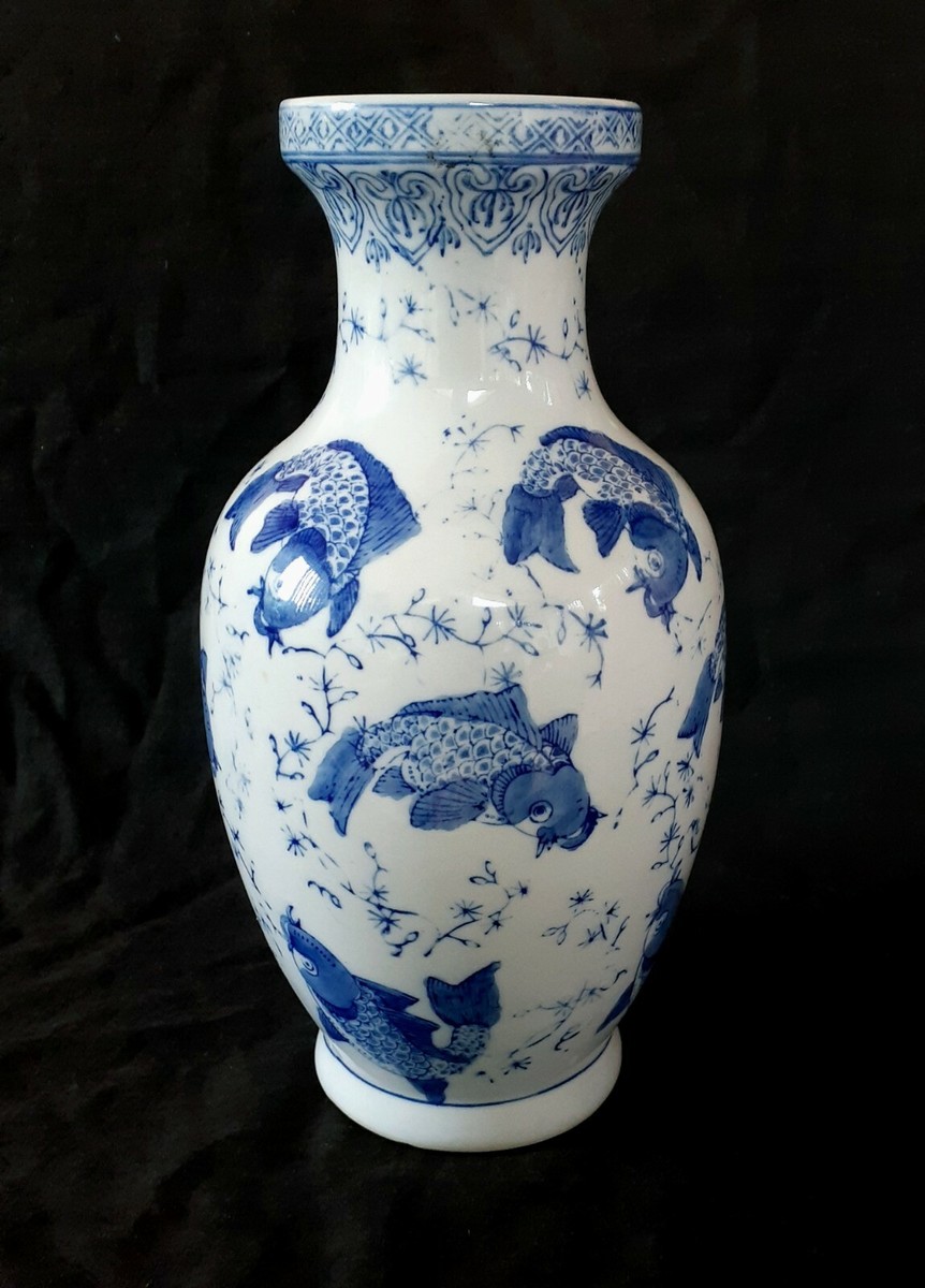 Vintage Chinese Blue & White Koi Fish porcelain vase 10.25 inches