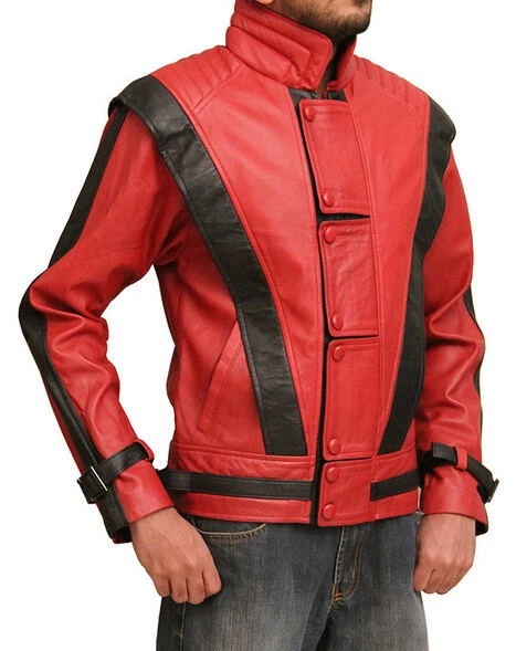 Men's Thriller Michael Jackson Red Real Leather Biker Jacket Costume - product detail image 1