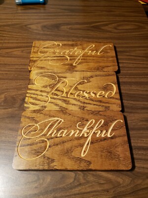 Blessed Grateful Thankful Lot of 3 Wood Hanging Signs Engraved  Rustic
