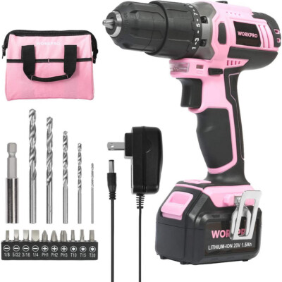 WORKPRO Pink Cordless 20 V Lithium-ion Drill Driver Set Storage Bag  Included 820909749172|