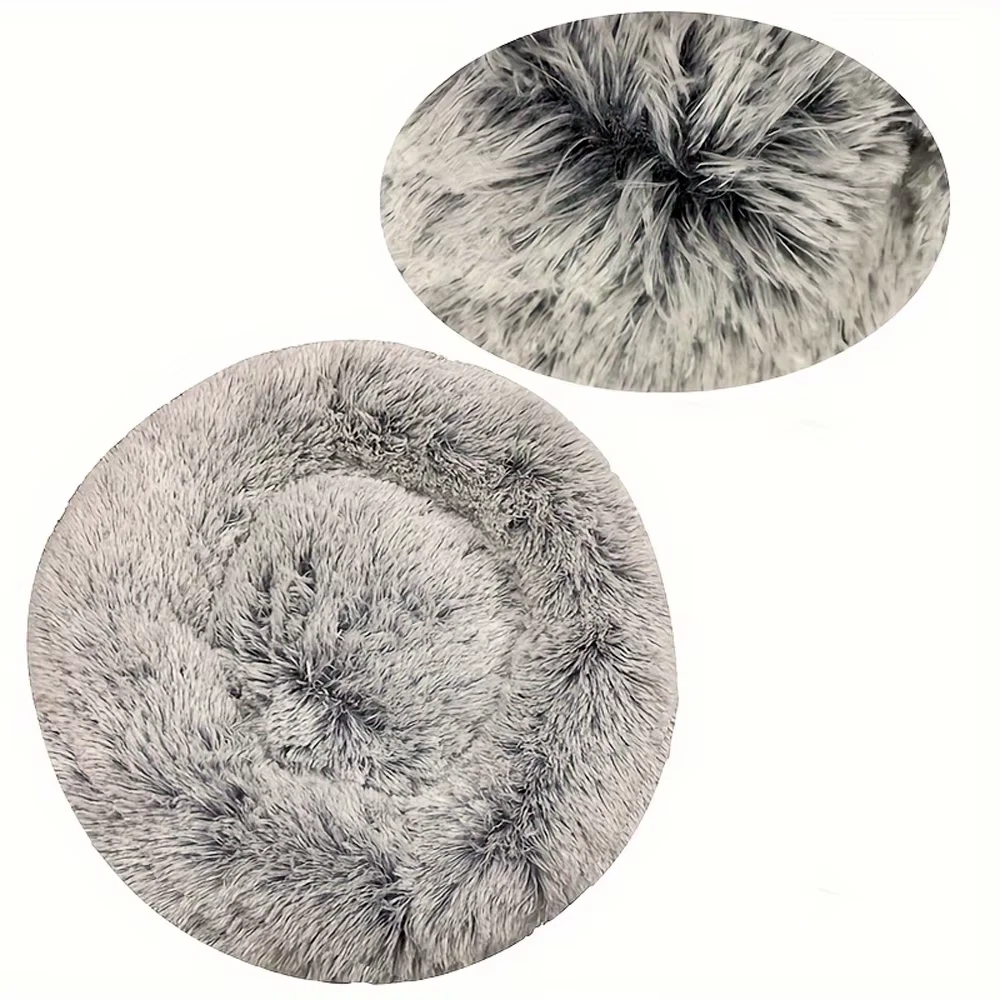 Round Plush Pet Bed Soft Calming Dog Cat Bed Warm Donut Cushion Mat