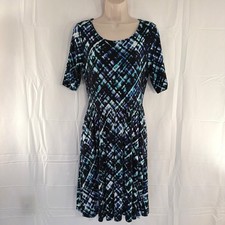 Apt. 9 Womens Blue Black Abstract Geometric Fit and Flare Dress Short Sleeve S