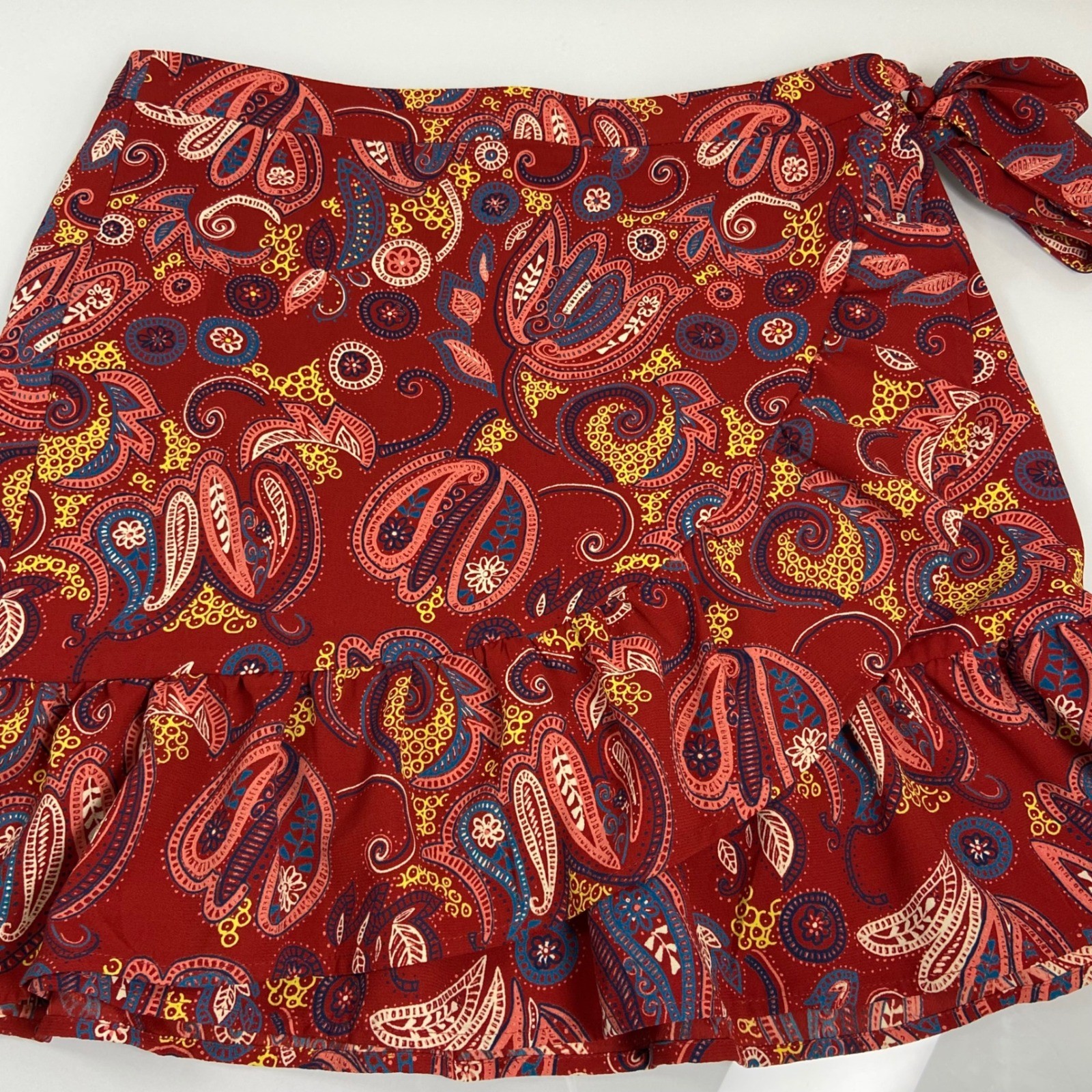 LOFT Paisley Print Ruffle Wrap Mini Skirt Size 10 Red Blue Yellow NEW Fall