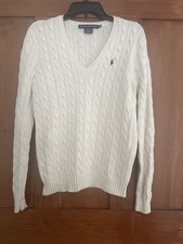 Women  s Ralph Lauren Sport Ivory Cotton Cable Knit Sweater Navy Pony Large L