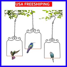 3PK Metal Frame Hummingbird Swings and Perches with Wooden Dowel Black Bird S...
