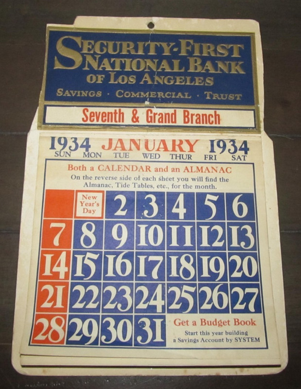 Vintage 1934 Calendar Los Angeles, CA Security-First National Bank Seventh Grand