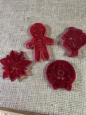 4 Vintage H&M Red Plastic Imprinted Cookie Cutters- Christmas, made in USA