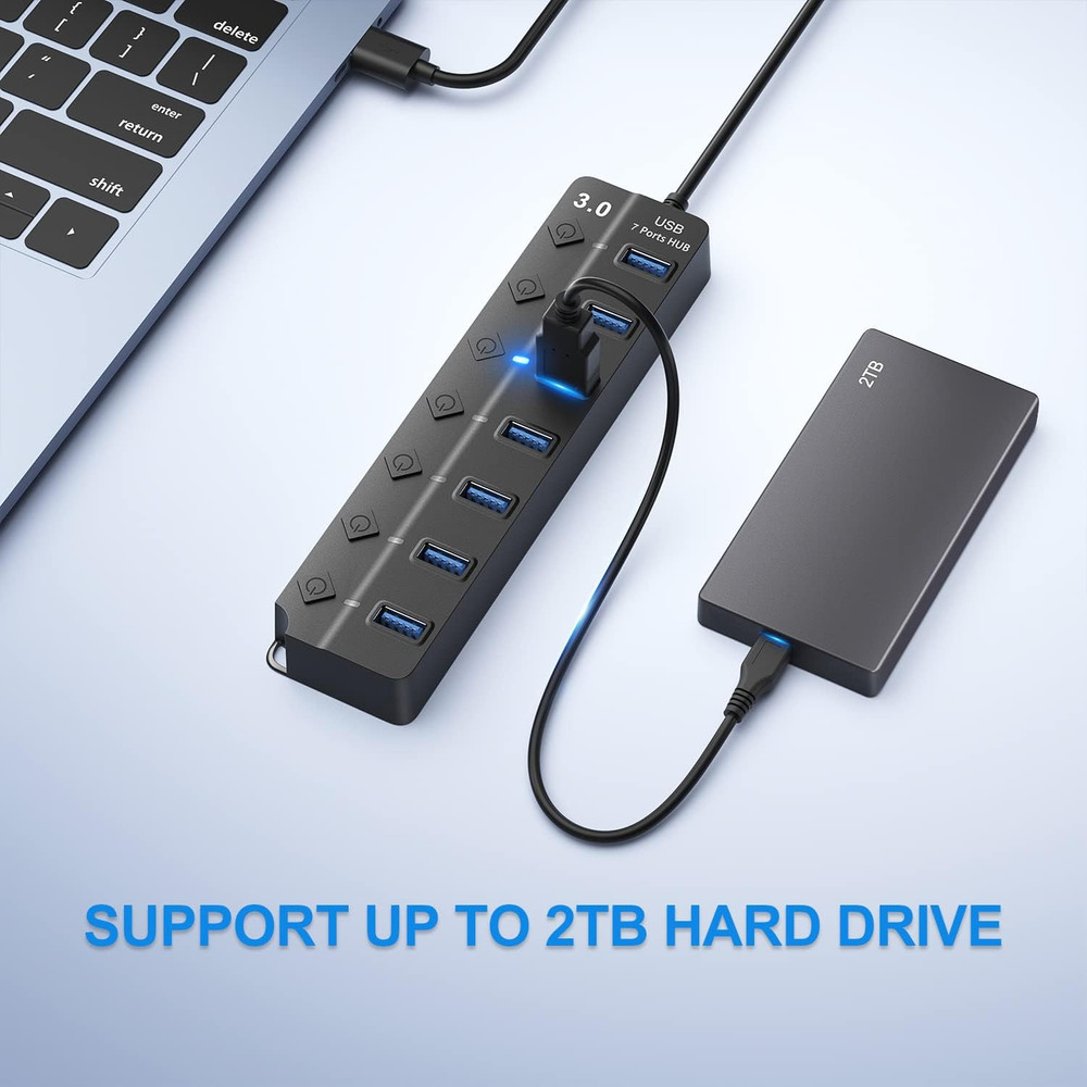 USB Hub 3.0, 7-Port USB Hub Splitter with Individual On/Off Switches and Lights,