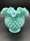 Vtg Fenton Turquoise Blue Milk Glass Hobnail Double Crimp Ruffle Vase 4 1/4"