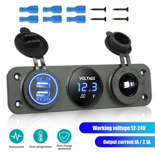 3in1 Dual USB 12V Car Charger Socket Panel Blue LED Voltmeter Cigarette Lighter