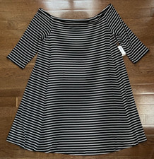 Old Navy swing dress black & white striped off-the-shoulder ribbed knit sz L NWT